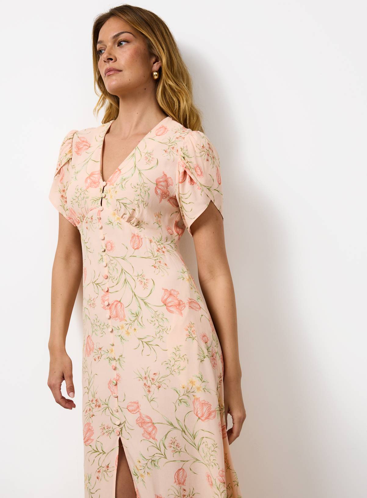 Peach Floral Tulip Sleeve Midi Dress 14 - Image 2